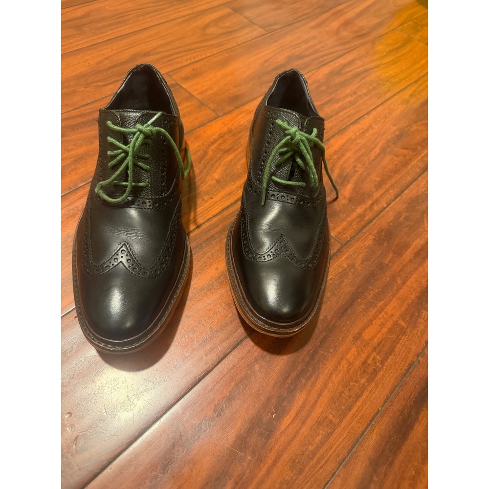 Cole Haan Mens Black Leather Wingtip Oxford Dress Shoes Green Laces  9.5 M